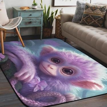 Imagem de Tapete de área para sala de estar, lavável à máquina, animal fofo, roxo, macaco, antiderrapante, tapete macio, para sala de estar, quarto, sala de jantar, berçário, cozinha, decoração de casa