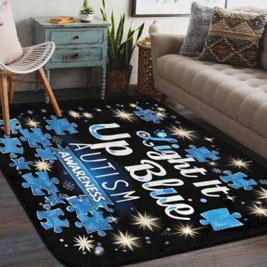 Imagem de Tapete de área para sala de estar, lavável à máquina, azul, autismo, palavra antiderrapante, tapete macio para sala de estar, quarto, sala de jantar, berçário, cozinha, decoração de casa