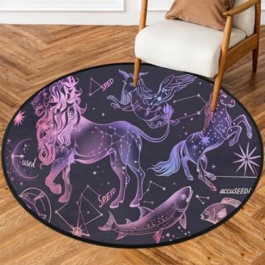 Imagem de Tapete redondo de 1,5 m Ainmal Galáxia Leão Unicórnio Tapetes de Área Círculo Macio Antiderrapante Lavável Tapete de Porta Circular para Quarto Interior Quarto Sala de Estar Cozinha Banheiro Entrada