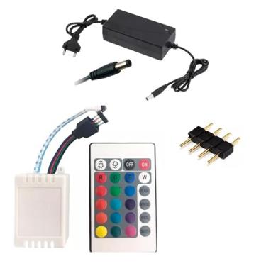 Imagem de Kit Controle 24 teclas Rgb Fita Led 5050 3528 + Fonte 12 V + Emenda 4 vias pinos