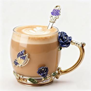 Imagem de Caneca de chá 3D de vidro de cristal feito à mão com xícaras de chá para mulheres, chá, suco, cerveja, leite bebidas quentes e frias, embalagem de presente. (copo de café azul rosa, 325 ml)