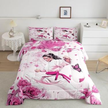 Imagem de Jogo de cama esportivo Taekwondo, Kungfu para meninas, adolescentes, decoração moderna, rosa e flores rosa com 1 fronha para todas as estações, solteiro