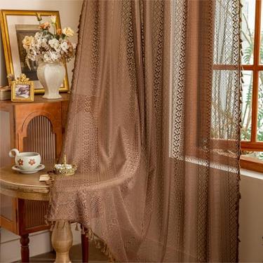 Imagem de Sutuo Home Cortinas boho transparentes de renda para quarto, sala de jantar, crochê vintage, chique, borlas, cortinas francesas, decoração de caramelo, bolso para varão 1 painel 150 cm L x 243 cm C
