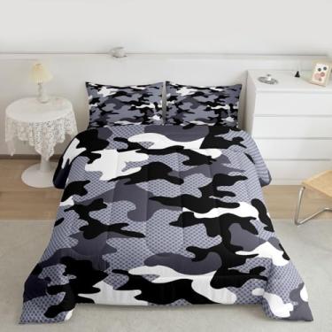 Imagem de jejeloiu Conjunto de edredom camuflado, tamanho casal, para crianças, meninos, meninas, estilo militar, edredom cinza, 3 peças com 2 fronhas