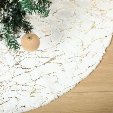 Imagem de Arrowbash Saia para árvore de Natal, 121 cm, branca, luxuosa, pele sintética, árvore dourada, cervo, floco de neve, macia, para casa de fazenda, decorações de Natal para festas de fim de ano (padrão