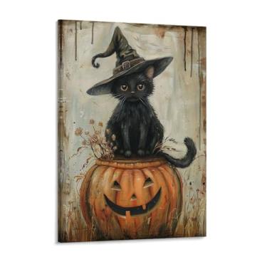 Imagem de HouLaiZhe Pôster de Halloween abóbora gato preto impressões de arte de parede decorações de Halloween decoração de quarto estética gótica para sala de estar quarto 18 x 24 polegadas (45 x 60 cm)