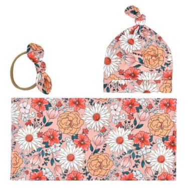 Imagem de BxuanW Conjunto de chapéus para recém-nascidos com estampa de bebê menina cobertor recém-nascido hospital roupa infantil chá presente 0-3 meses (flor vintage - rosa)