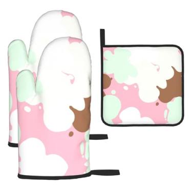 Imagem de Conjunto de cozinha essencial de 3 peças com estampa de flores, luvas resistentes ao calor e alça de tampa, proteção para churrasco no forno, design de armazenamento suspenso.