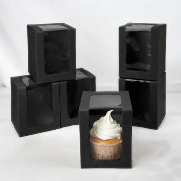 Imagem de 6 peças de caixas de presente pretas transparentes embaladoras de bolos individuais para cupcake, caixas de cupcake, recipiente individual