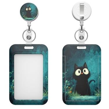 Imagem de Porta-crachá retrátil com clipe de mosquetão e chaveiro, várias opções de padrões, bonito e moderno (gato verde)