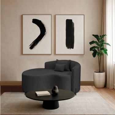 Imagem de Divã Recamier Curvo Sala De Estar Recepção Inglaterra 150cm Pés Metal Preto Lado Esquerdo Linho Cor Preto