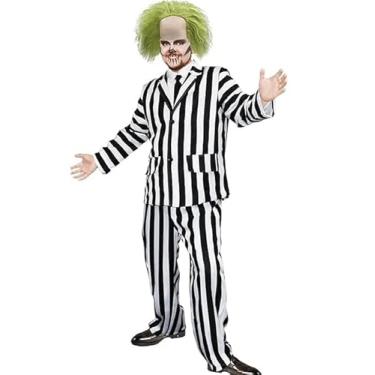Imagem de Tikitup Terno masculino listrado preto e branco com peruca, 6 peças, fantasia cosplay de personagem de filme de terror para Halloween, Preto, branco., G
