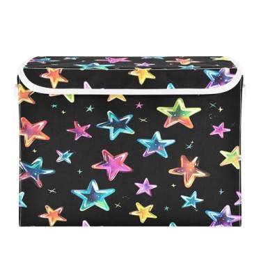 Imagem de CEBUGI Caixotes de armazenamento com tampas, caixa de armazenamento de tecido dobrável, caixas organizadoras de cubo de estrelas coloridas para prateleiras de armário de casa e quarto, 40 x 30 x 30 cm