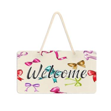 Imagem de Burbuja Placa de boas-vindas com fitas de laço para porta da frente, placa de boas-vindas de PVC para pendurar na parede, decoração de férias, 15 x 28 cm