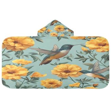 Imagem de Burbuja Toalha de banho com capuz e beija-flores amarelos para crianças, toalha de praia de pelúcia macia absorvente para chá de meninas e meninos 3-10 anos, 61 x 127 cm