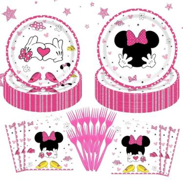 Imagem de Conjunto de 96 peças rosa para festa infantil – Conjunto de festa de aniversário para 24 convidados com pratos de 23 cm e 17 cm, guardanapos e garfos de papelão e plástico, pequenos utensílios de mesa