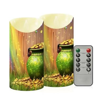 Imagem de Wassud Pacote com 2 velas sem chamas arco-íris de moedas do dia de São Patrício com controle remoto, velas realistas cintilantes com temporizador, velas decorativas para Natal, casamento, festa