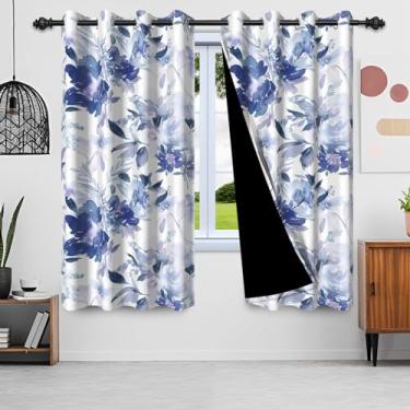 Imagem de SIEDYCV Cortinas blecaute florais azuis aquarela, 106 x 236 cm, cortinas de janela de flores azuis rústicas com forro preto, cortinas de tratamento de janela com isolamento térmico para decoração de