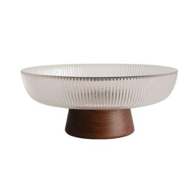 Imagem de Fruteira Fruteira de vidro canelado com base de madeira, peça decorativa moderna para servir na cozinha e na mesa de jantar. Decoração de mesa(Pequeno)