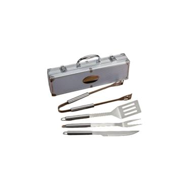 Imagem de Kit para Churrasco 4 Peças com Maleta, Aço Inoxidável, Inclui Espátula, Garfo, Faca e Pegador, 37cm, Prata
