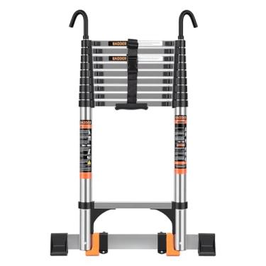Imagem de Escada telescópica, escada de extensão de 3 m com ganchos, estabilizadores, rodas, capacidade máxima de 150 kg, escada telescópica dobrável para trailer, telhado, ambiente externo