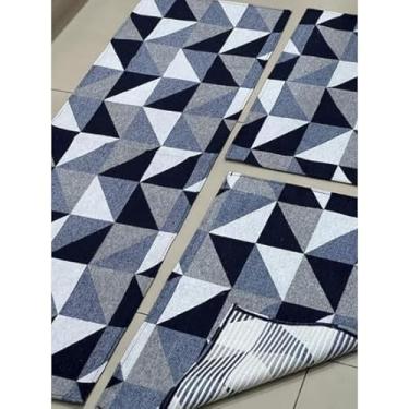 Imagem de Kit Passadeira Cozinha 3 Tapetes Poliester Antiderrapante(Modelo M4 Azul)
