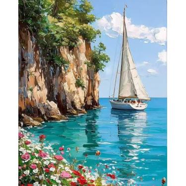 Imagem de Mrnsiet Pintura de veleiro faça você mesmo por números para adultos, pintura de barco à vela costeira por número para iniciantes, kits de pintura de paisagem DIY por números, pintura a óleo, tela de