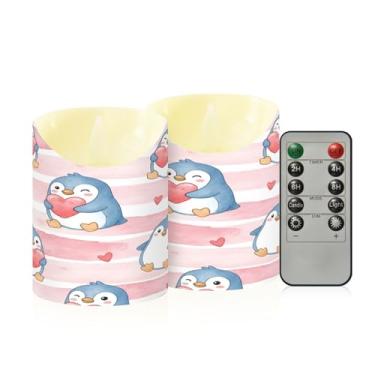 Imagem de Wassud Pacote com 2 velas sem chama com corações de pinguins dos namorados com controle remoto, velas realistas cintilantes com temporizador, velas decorativas para Natal, casamento, festa, decoração