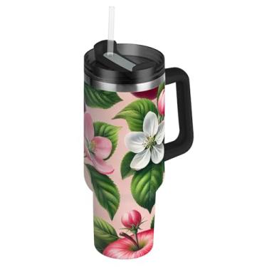 Imagem de Joisal Copos de maçãs vermelhas com flores desabrochando com tampas e canudos, copo térmico de 1,18 l com alça, garrafas de água isoladas de aço inoxidável, carros, xícara de café, bebida quente