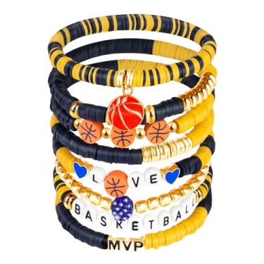 Imagem de AKAIXI Pulseiras elásticas para o dia do jogo de basquete, pulseira de contas de argila azul escura e amarela, acessórios de joias esportivas empilháveis da amizade para amantes de basquete, jogadores