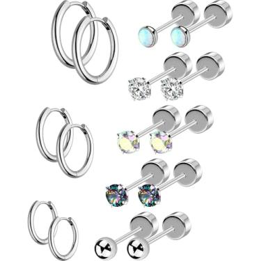 Imagem de OUFER 16 peças de brincos de argola de costas planas para mulheres, aço cirúrgico hipoalergênico, 20 g, joia de piercing de cartilagem de tragus de hélice dianteira, 20G 8/10/12MM, Metal, Zircônia