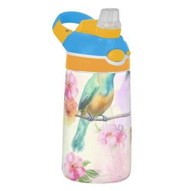 Imagem de Aquarela pássaros flores vibrantes garrafa de água infantil 473 ml à prova de vazamento garrafa de água esportiva com tampa de canudo 473 ml copo infantil reutilizável Tritan portátil, alça de