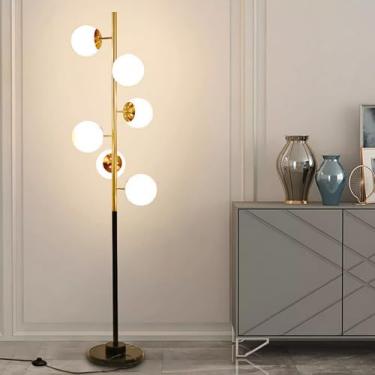 Imagem de Luminária de chão com cúpula de vidro branco, 6 bolas criativas, ideal para leitura em ambientes internos, cantos de sofás, estilo vertical, com interruptor de pé, base de mármore e design q