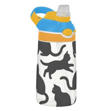 Imagem de Garrafa de água infantil Tritan de 473 ml, à prova de vazamento, garrafa de água de plástico com canudo reutilizável e portátil, alça de transporte, silhueta de gato preto e branco