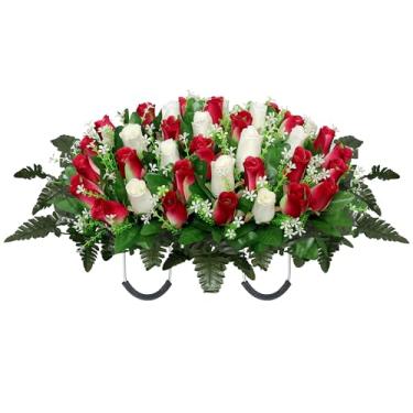 Imagem de QSBOFOST Selas de flores artificiais de cemitério, conjunto completo de flores memoriais, flores de cemitério para sepultura, flores de túmulo memorial para decoração de lápide (rosa vermelha branca)