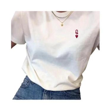 Imagem de Camiseta Feminina Branca Com Estampa De Rainha De Corações, Manga Curt