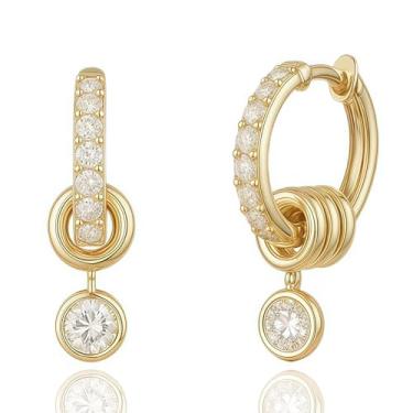 Imagem de Brincos de argola banhados a ouro 18 K com pingente de cristal pendurado, brincos de argola com detalhe de diamante, Small, Latão, Sem pedra preciosa