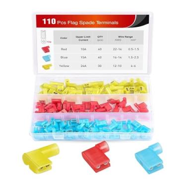 Imagem de ROUPWKWO 110 peças de pá de bandeira fêmea isolada desconexões rápidas 22-18 16-14 12-10 Calibre bandeira pá terminal de crimpagem elétrica