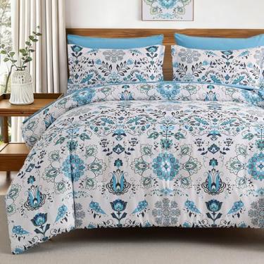 Imagem de DHSFKBE Conjunto de edredom boêmio King - 7 peças de cama em um saco, design floral, conjunto de edredom boêmio com lençóis, microfibra macia completa para todas as estações (azul claro, King)