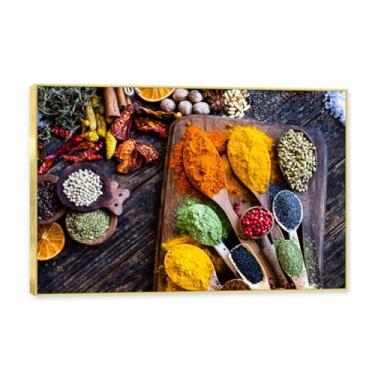 Imagem de NHLDZYH Moldura dourada. Arte de parede em tela de especiarias coloridas e colher de tempero | Decoração de cozinha vintage | Arte moderna para casa e sala de jantar. C111. 40 x 60 cm - 15,8 x 23,7