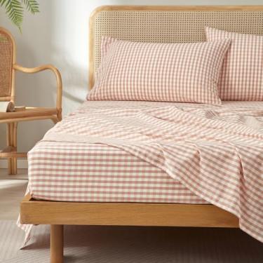 Imagem de Jogo de lençóis xadrez rosa, tamanho Queen, macio, respirável, 100% algodão lavado, xadrez, com bolso profundo de 40,6 cm, conjunto de lençóis de casinha de fazenda vintage