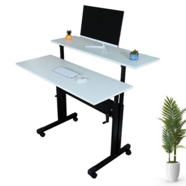 Imagem de Mesa Dupla De Escritório Com Regulagem De Altura Tampos Branco 70cm À 107cm Para Home Office Empresas PC Gamer Trabalho Desenho - Wp Connect (Preto)