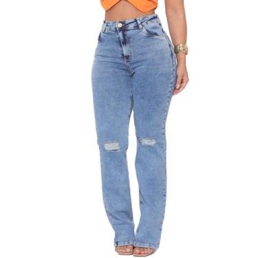 Imagem de Calça Jeans Feminina Corte Reto Wide Leg Pantalona Rasgada no Joelho D