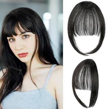 Imagem de Franja com prendedor de cabelo, franja de presilha, apliques de cabelo femininos franja com hastes de 26 cm extensões de cabelo grosso curvadas naturais peruca de cortina preta natural