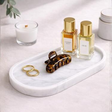 Imagem de Bandeja oval de mármore branco para banheiro – Bandeja de mármore de 30 x 15 cm para bancada, perfume e exibição de joias | Bandeja de pedra sólida de 2 cm de espessura