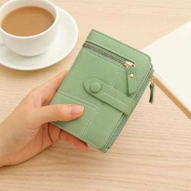 Imagem de Carteira feminina de couro PU com três dobras – porta-cartões de grande capacidade com bolso com zíper para moedas e compartimentos para identidade, Verde