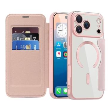 Imagem de Capa tipo carteira com tampa magnética para iPhone 17/17 Air/17 Pro/17 Pro Max, capa de couro galvanizado com protetor de câmara, ranhuras para cartões finos e íman forte (Pink, 17 Air)
