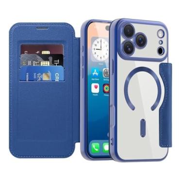 Imagem de Capa tipo carteira com tampa magnética para iPhone 17/17 Air/17 Pro/17 Pro Max, capa de couro galvanizado com protetor de câmara, ranhuras para cartões finos e íman forte (Blue1,17 Pro Max)