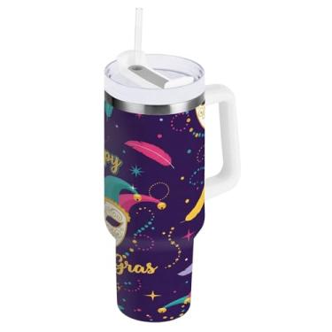 Imagem de Blueangle Copo isolado de máscara de carnaval de 850 g com alça e tampa de palha, caneca de viagem reutilizável de aço inoxidável (729)