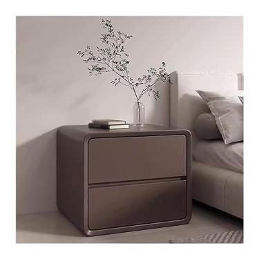 Imagem de Mesa de cabeceira moderna de madeira, duas gavetas sem alças, mesa de cabeceira de couro de microfibra, branca/cinza/curry/laranja, móveis de cabeceira, grande espaço, armazenamento prático (marrom